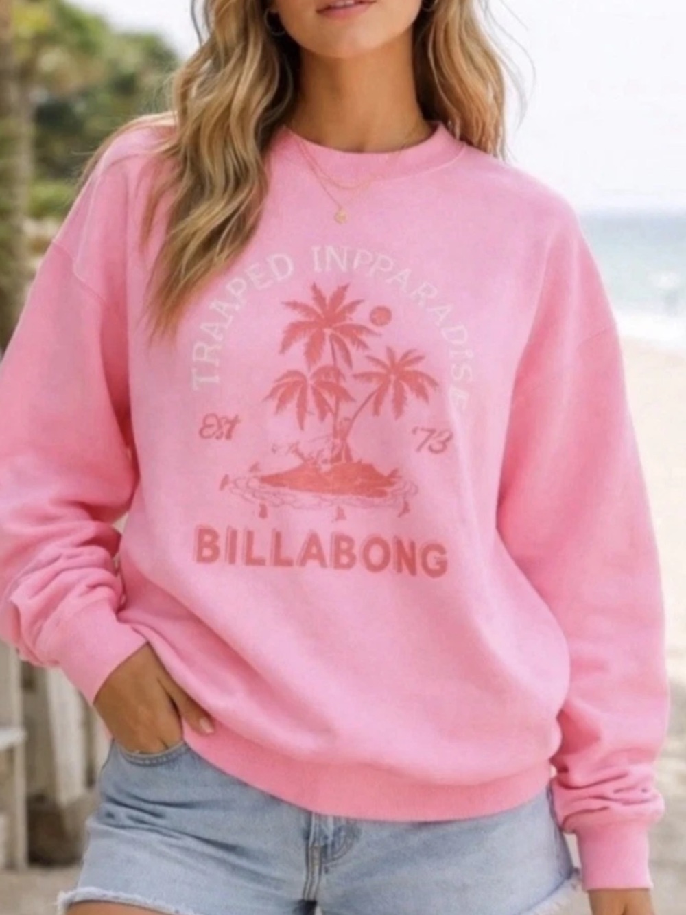 Billabong Pink Palm Graphic Crew Sweatshirt Medium